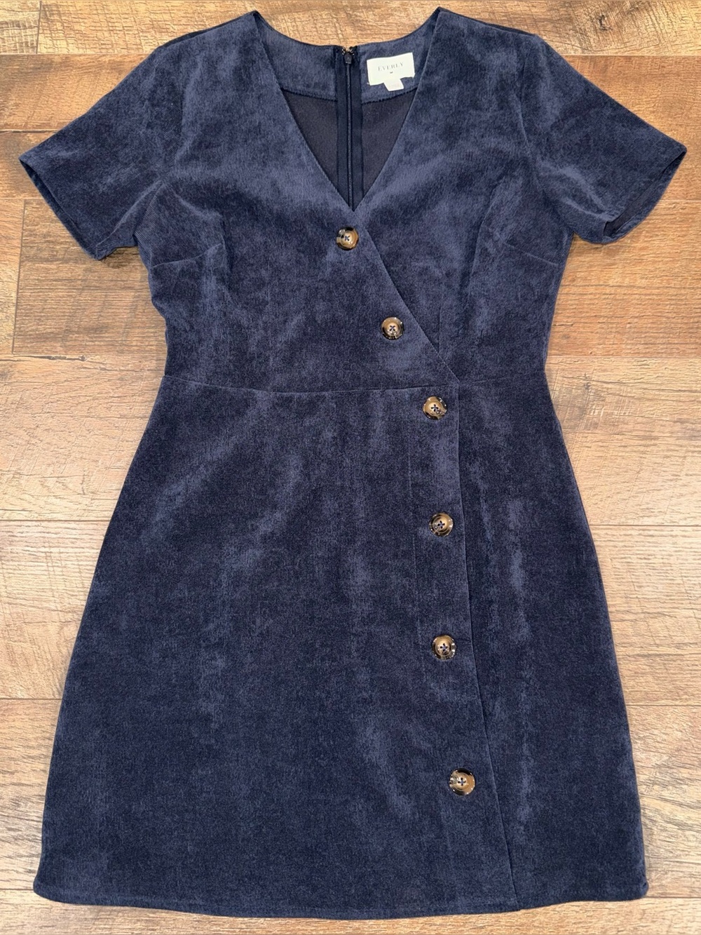 Everly Corduroy Women's Navy Short-Sleeve Button-Front Faux Wrap Dress